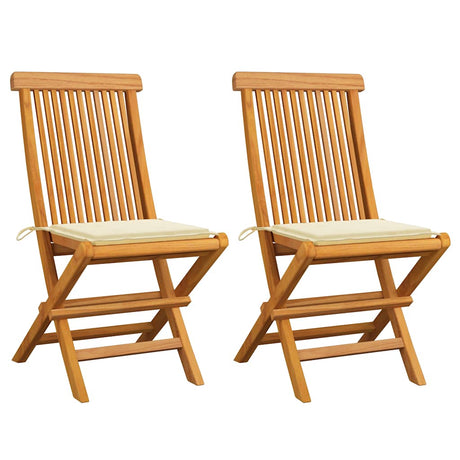 Vidaxl opklapbare stoelen met crèmekleurige kussens, 2 stuks, massief teakhout