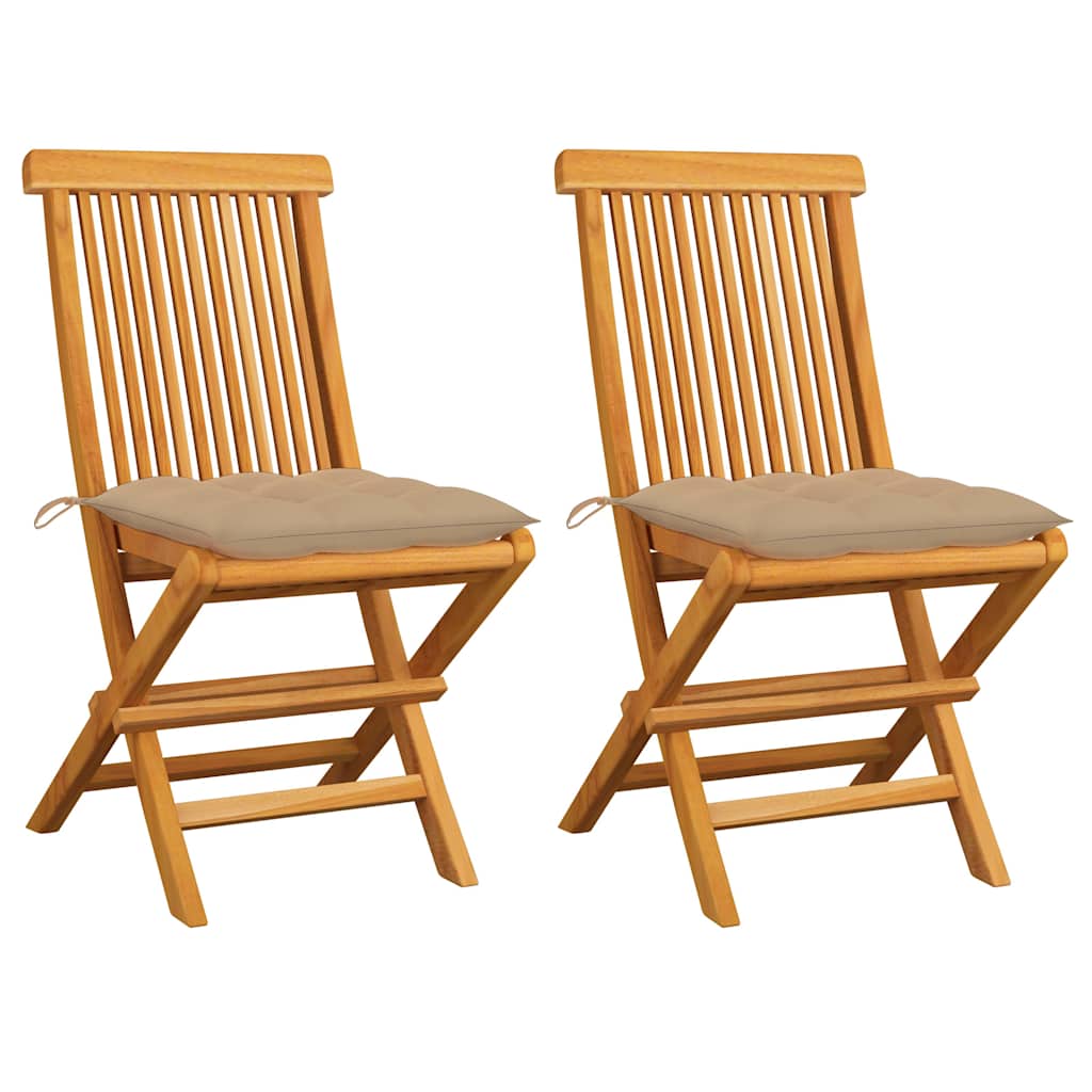 Vidaxl opklapbare stoelen met beige kussens, 2 stuks, massief teakhout