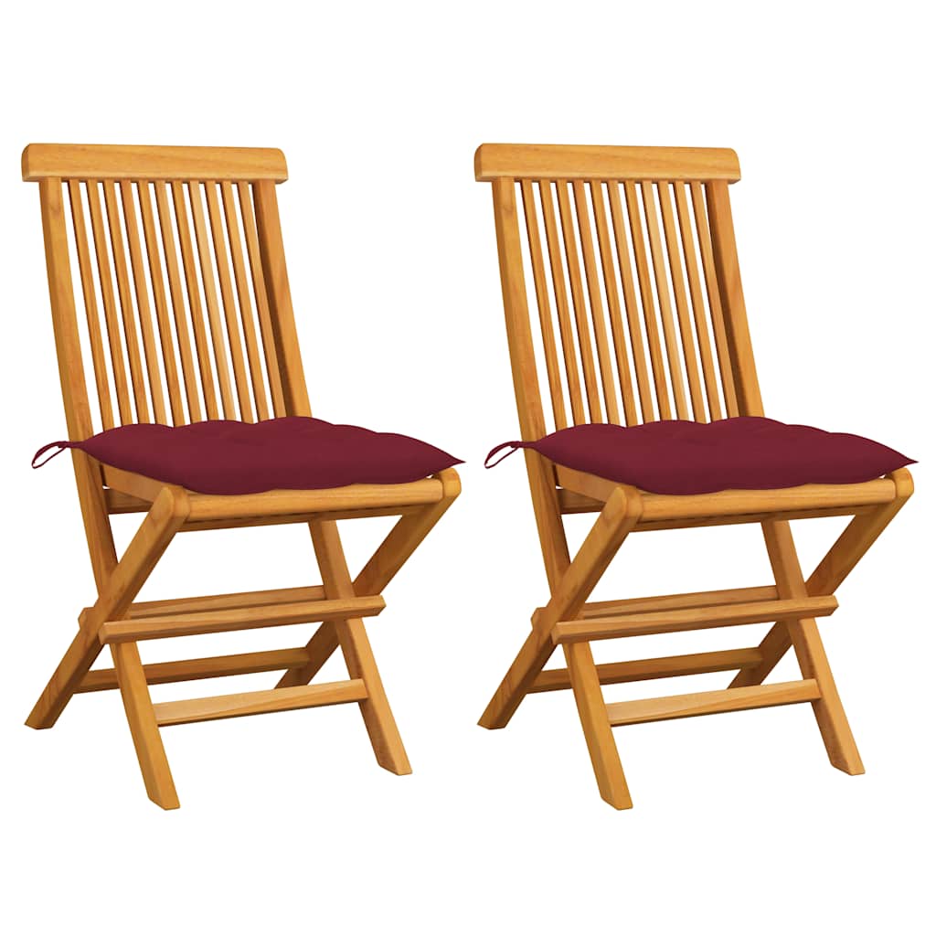 Vidaxl opklapbare stoelen met wijnrode kussens, 2 stuks, massief teakhout