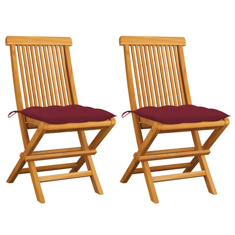 Vidaxl opklapbare stoelen met wijnrode kussens, 2 stuks, massief teakhout