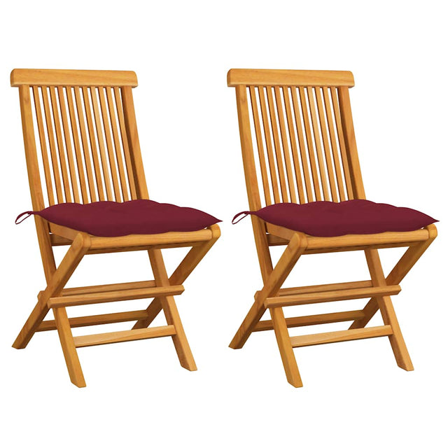 Vidaxl opklapbare stoelen met wijnrode kussens, 2 stuks, massief teakhout