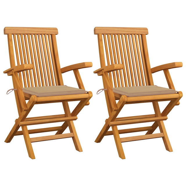 Vidaxl opklapbare stoelen met beige kussens, 2 stuks, massief teakhout