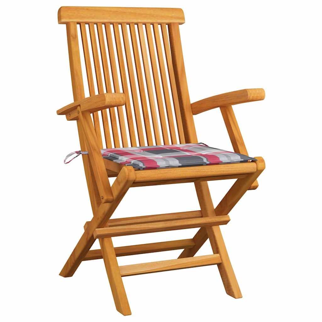 Vidaxl tuinstoelen 2 st met rood geruite kussens massief teakhout