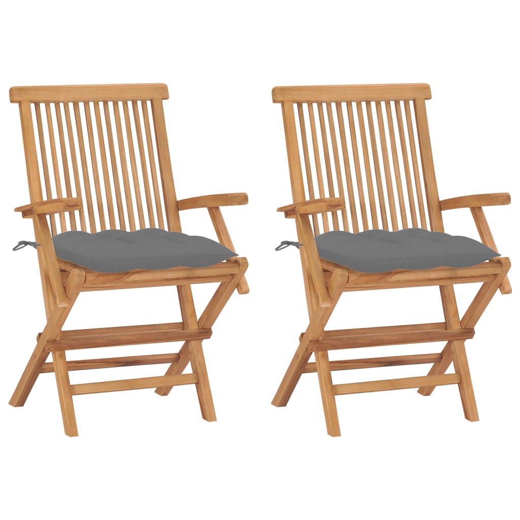 Vidaxl opklapbare stoelen met grijze kussens, 2 stuks, massief teakhout