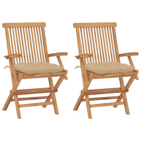 Vidaxl opklapbare stoelen met beige kussens, 2 stuks, massief teakhout