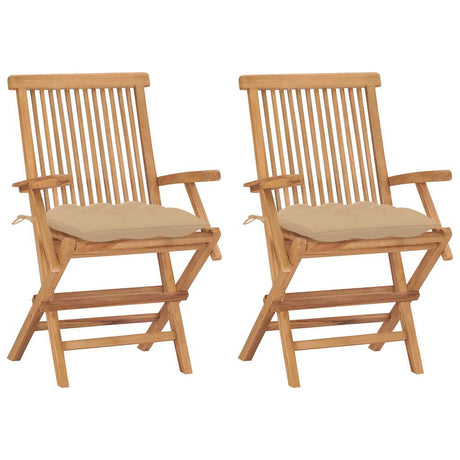 Vidaxl opklapbare stoelen met beige kussens, 2 stuks, massief teakhout