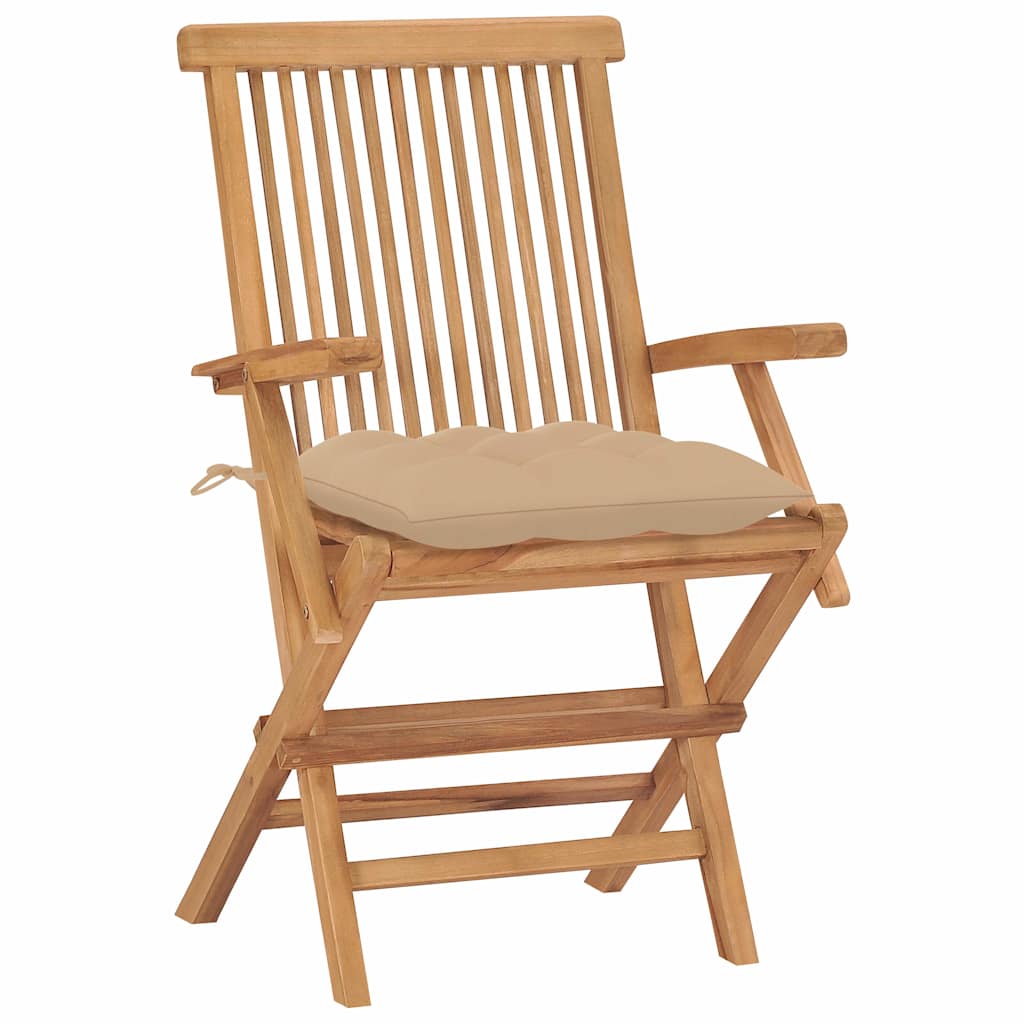 Vidaxl opklapbare stoelen met beige kussens, 2 stuks, massief teakhout