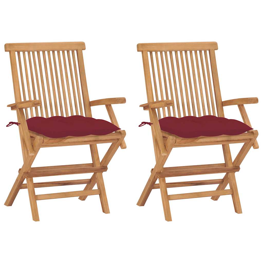 Vidaxl opklapbare stoelen met wijnrode kussens, 2 stuks, massief teakhout