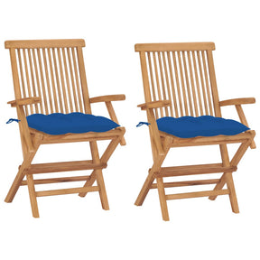 Vidaxl opklapbare stoelen met blauwe kussens, 2 stuks, massief teakhout