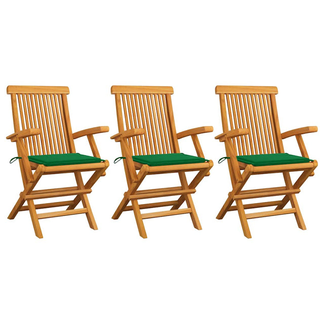 Vidaxl klapstoelen met groene kussens, 3 stuks, massief teakhout
