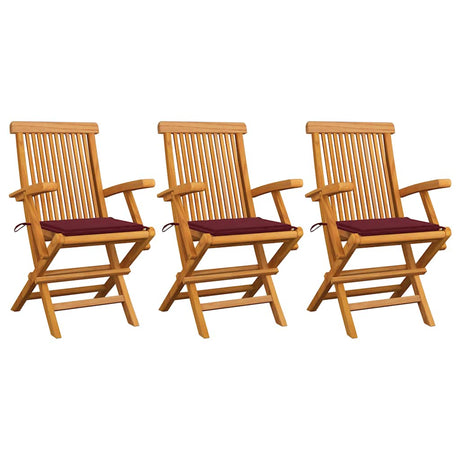 Vidaxl klapstoelen met wijnrode kussens, 3 stuks, massief teakhout