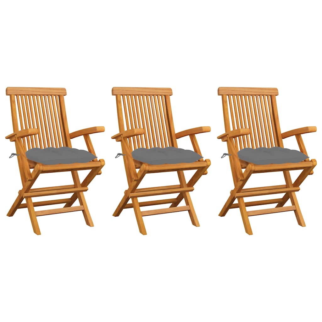 Vidaxl opklapbare stoelen met grijze kussens, 3 stuks, massief teakhout