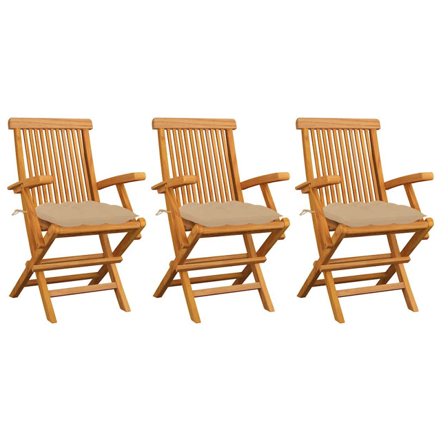 Vidaxl opklapbare stoelen met beige kussens, 3 stuks, massief teakhout