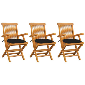 Vidaxl opklapbare stoelen met zwarte kussens, 3 stuks, massief teakhout