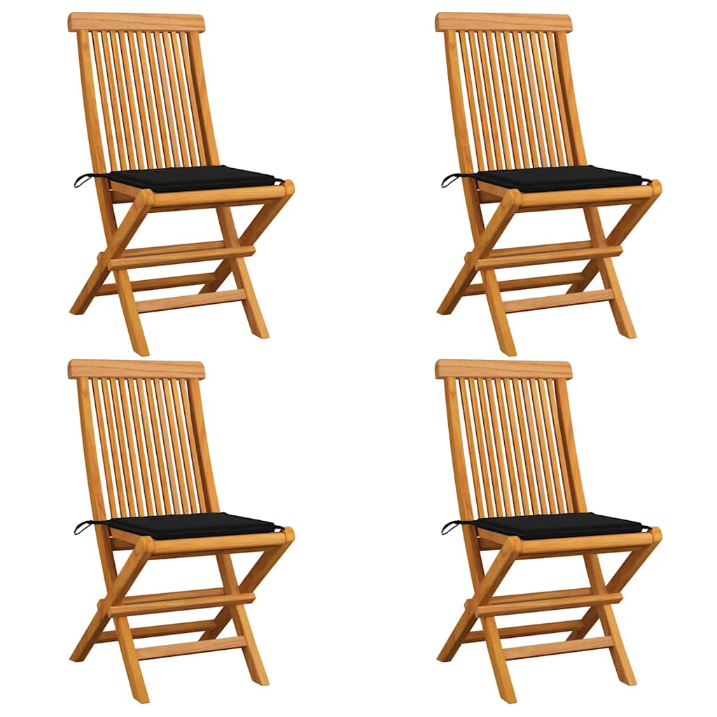 Vidaxl klapstoelen met zwarte kussens, 4 stuks, massief teakhout