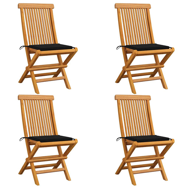 Vidaxl klapstoelen met zwarte kussens, 4 stuks, massief teakhout