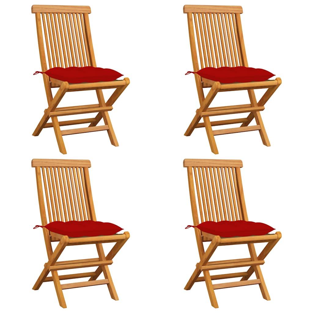 Vidaxl klapstoelen met rode kussens, 4 stuks, massief teakhout