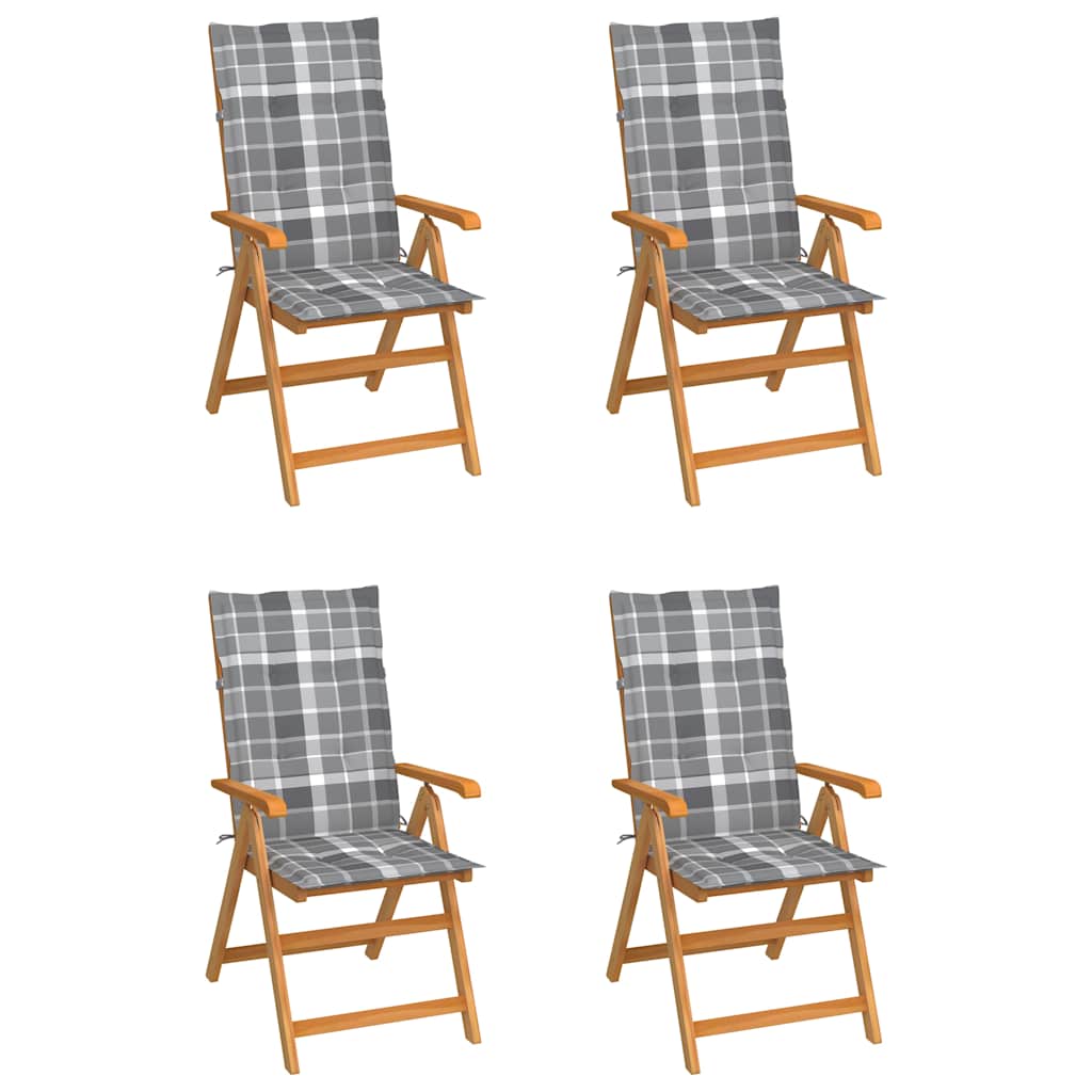 Vidaxl tuinstoelen 4 st met grijs geruite kussens massief teakhout