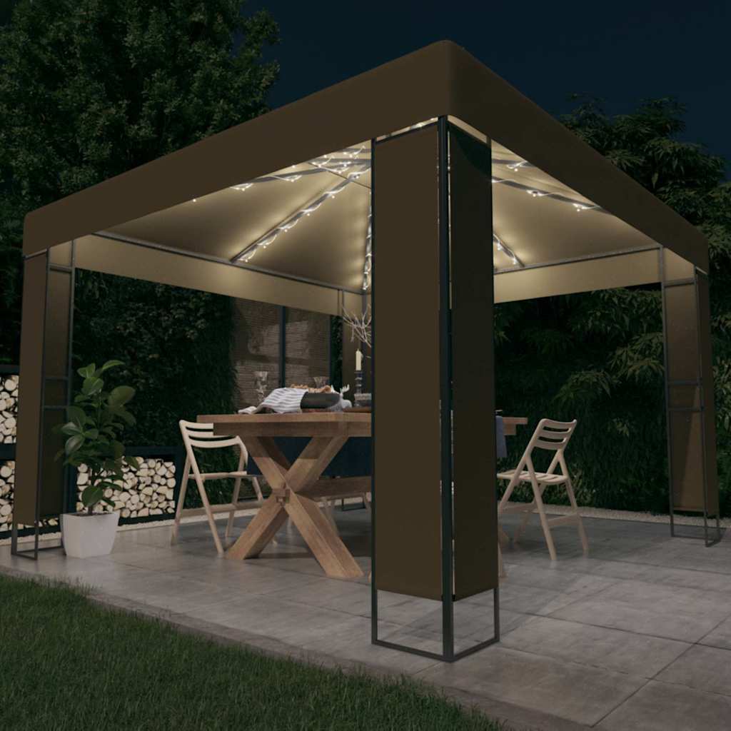 Vidaxl prieel met dubbel dak en led-lichtslinger 3x3x2,7 m taupe