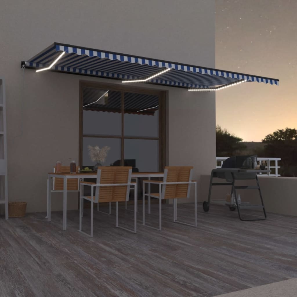 Vidaxl luifel manuell ausziehbar mit LED 600x300 cm blau und weiß