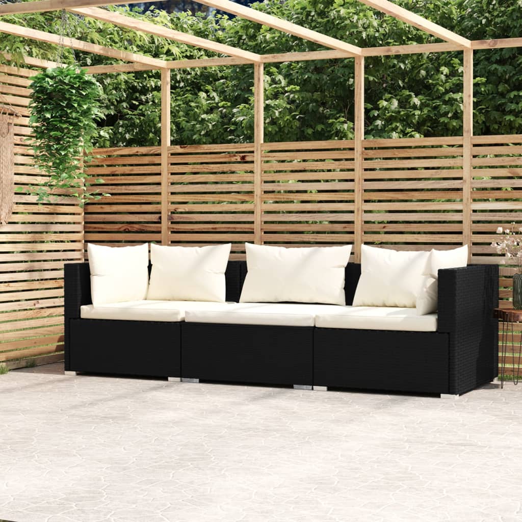 Vidaxl driezitsbank met kussens poly rattan zwart
