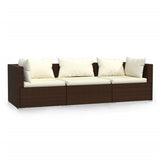 Vidaxl driezitsbank met kussens poly rattan bruin