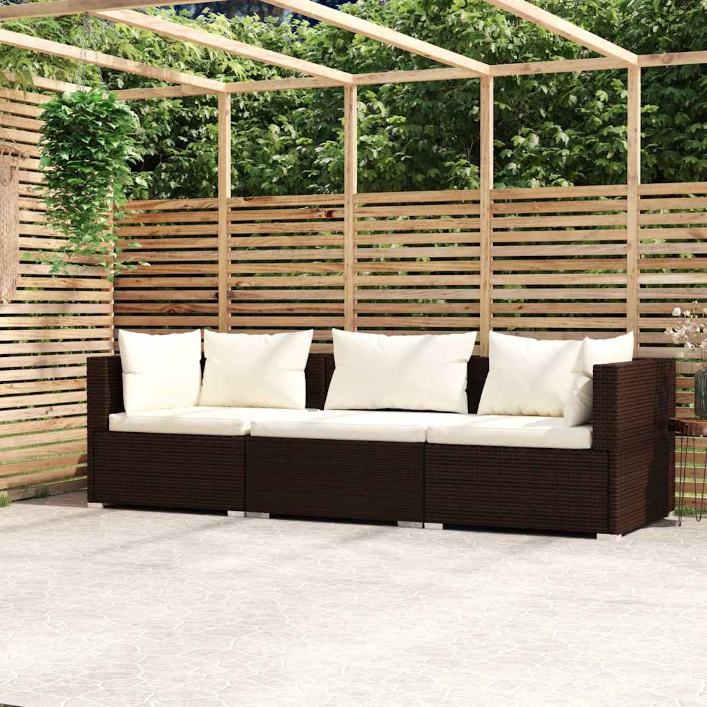 Vidaxl driezitsbank met kussens poly rattan bruin