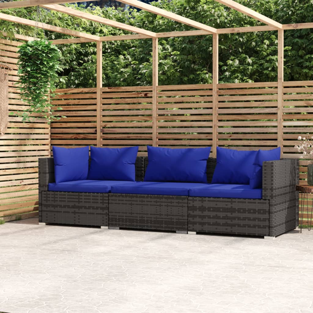 Vidaxl tuinbank 3-zits met kussens poly rattan grijs