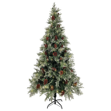 Vidaxl Weihnachtsbaum mit LED- und Kiefernkegel 225 cm PVC und PE grün und weiß