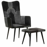 Vidaxl fauteuil met voetensteun echt leer en canvas zwart