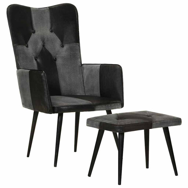 Vidaxl fauteuil met voetensteun echt leer en canvas zwart
