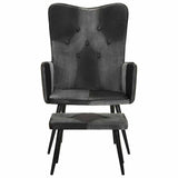 Vidaxl fauteuil met voetensteun echt leer en canvas zwart