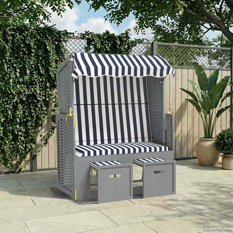 Vidaxl strandstoel met luifel poly rattan en massief hout blauw en wit