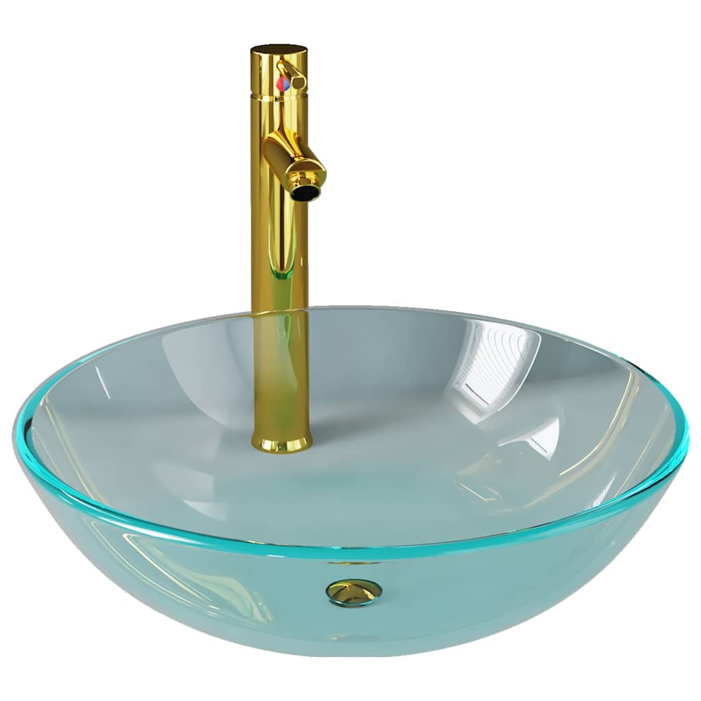 VidaXL-Waschbecken mit Wasserhahn und Ablaufgarnitur, gehärtetes Glas, transparent