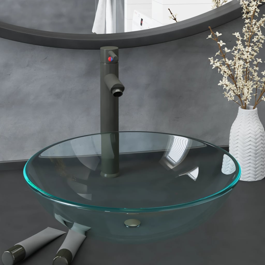 Vidaxl wastafel met kraan en pop-up afvoer gehard glas transparant