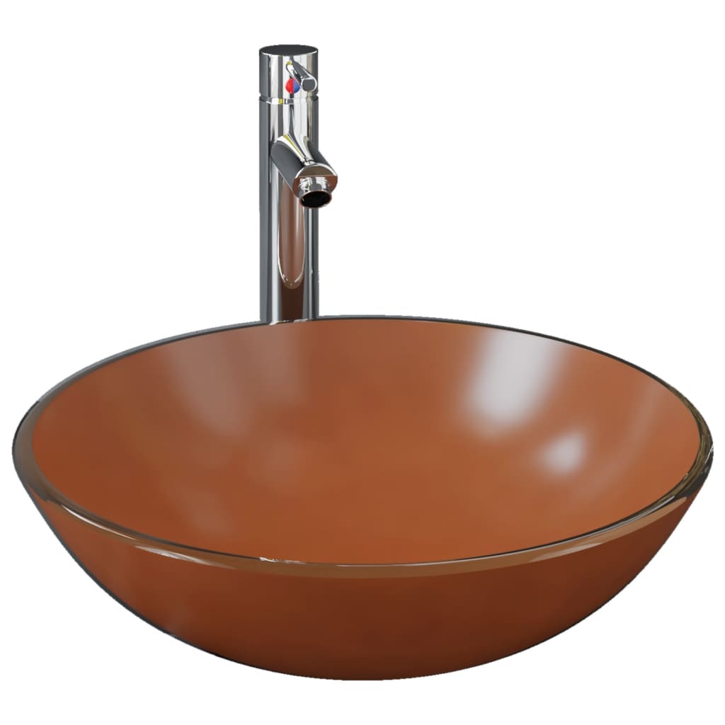 Vidaxl wastafel met kraan en pop-up afvoer gehard glas bruin