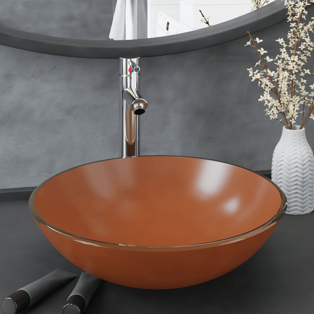 Vidaxl wastafel met kraan en pop-up afvoer gehard glas bruin