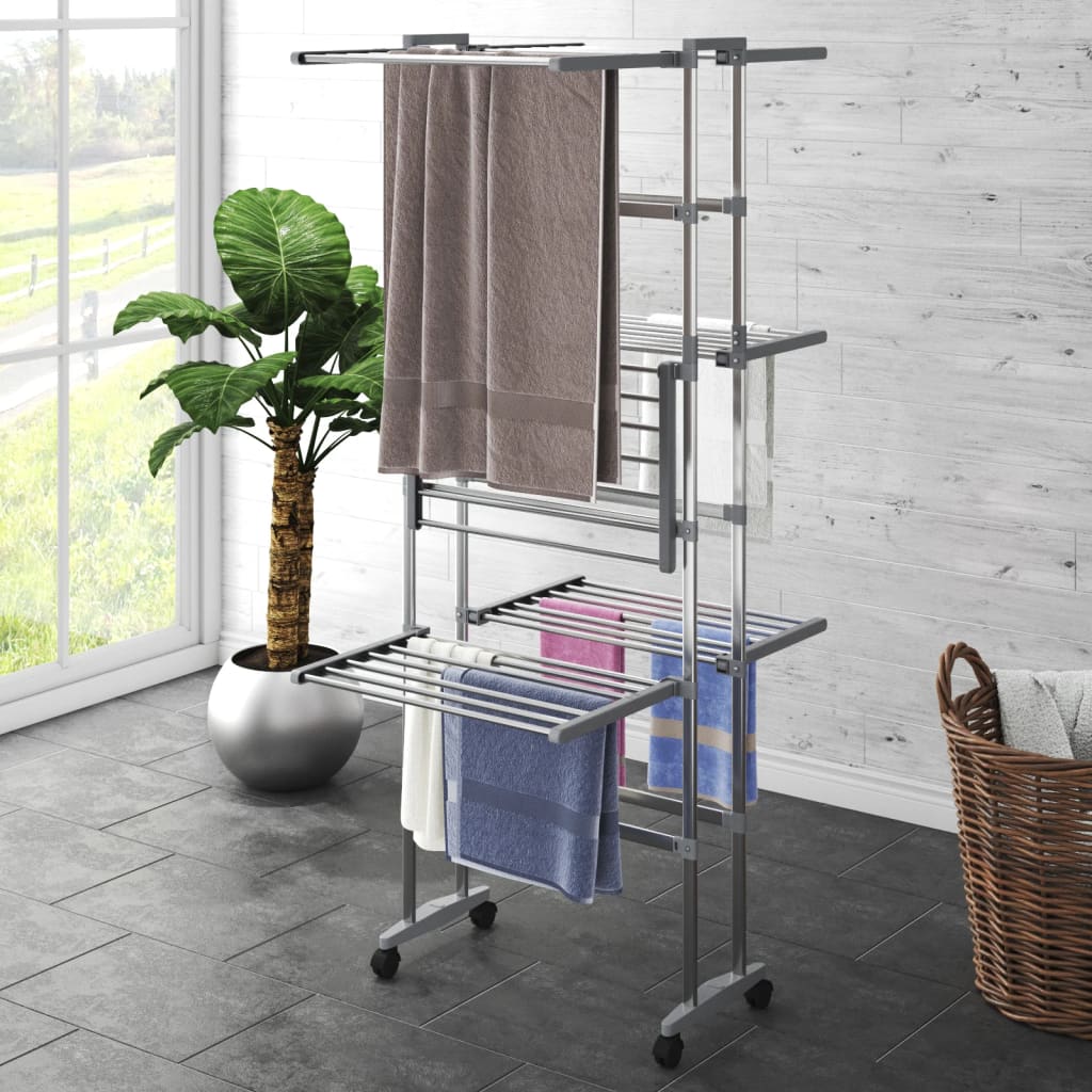VidaXL Wäscheständer 3-lagig mit Rollen 60x70x129 cm silberfarben