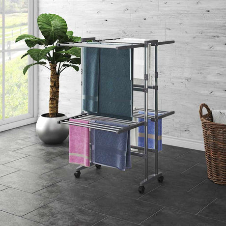 Vidaxl droogrek 2-laags met wieltjes 60x70x106 cm zilverkleurig