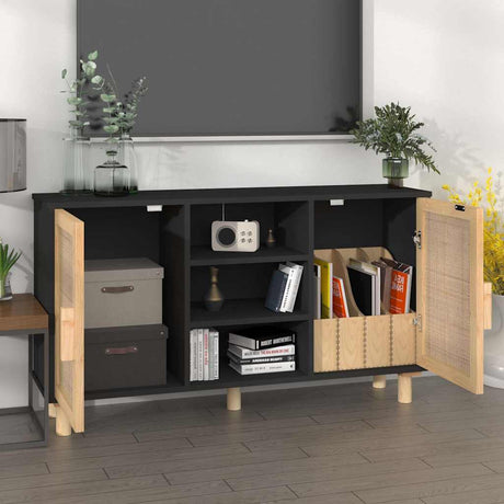 Vidaxl dressoir 105x30x60 cm massief grenen hout en rattan zwart