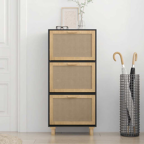 VIDAXL -Schuhschrank 52x25x115 cm propertiertes Holz und Rattan Schwarz