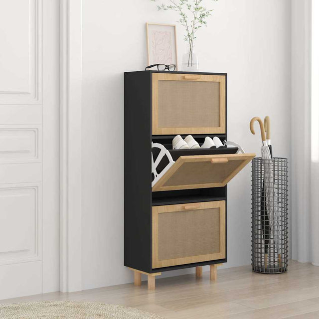 VIDAXL -Schuhschrank 52x25x115 cm propertiertes Holz und Rattan Schwarz