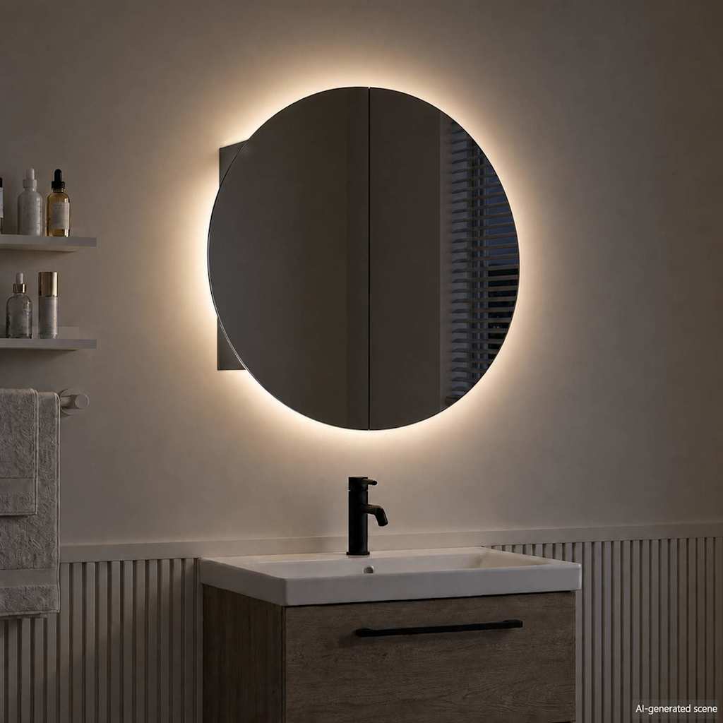 Vidaxl badkamerkast met ronde spiegel en led 54 x 54 x 17,5 cm zwart