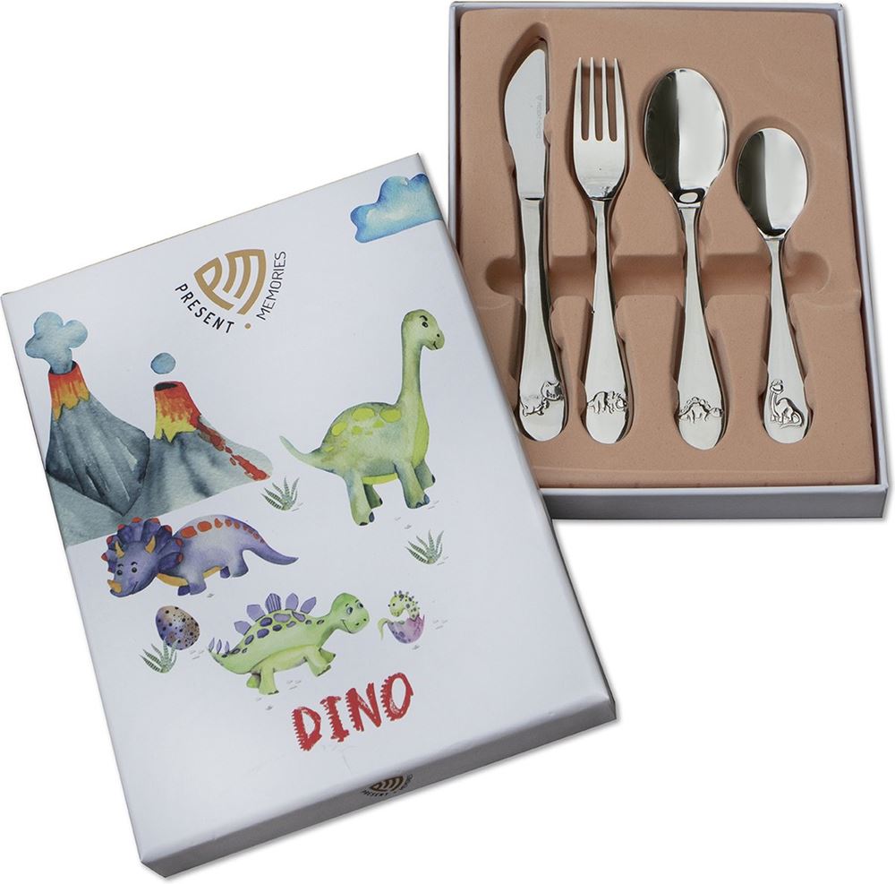 Present memories - kinderbestek - 4 delig - dino - zilverwit rvs