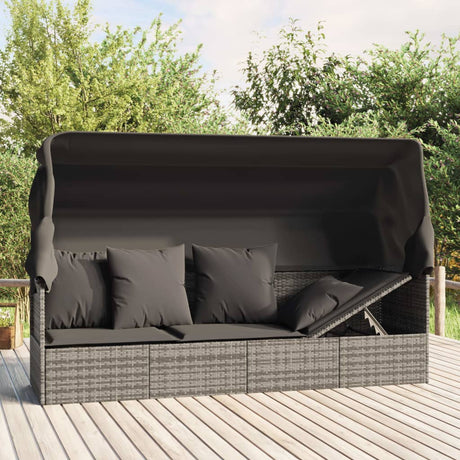 Vidaxl loungebed met luifel en kussens poly rattan grijs