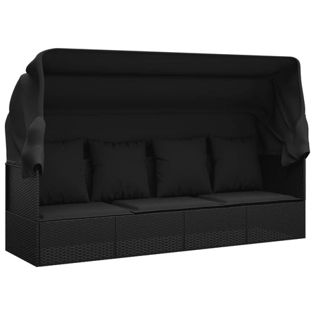 Vidaxl loungebed met luifel en kussens poly rattan zwart