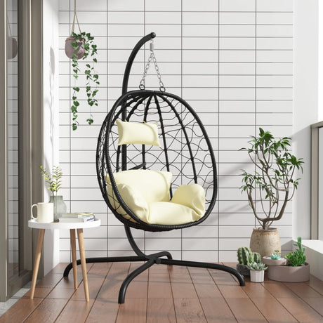 VidaXL Eier-Hängesessel mit Kissen aus cremeweißem Polyrattan-Stahl