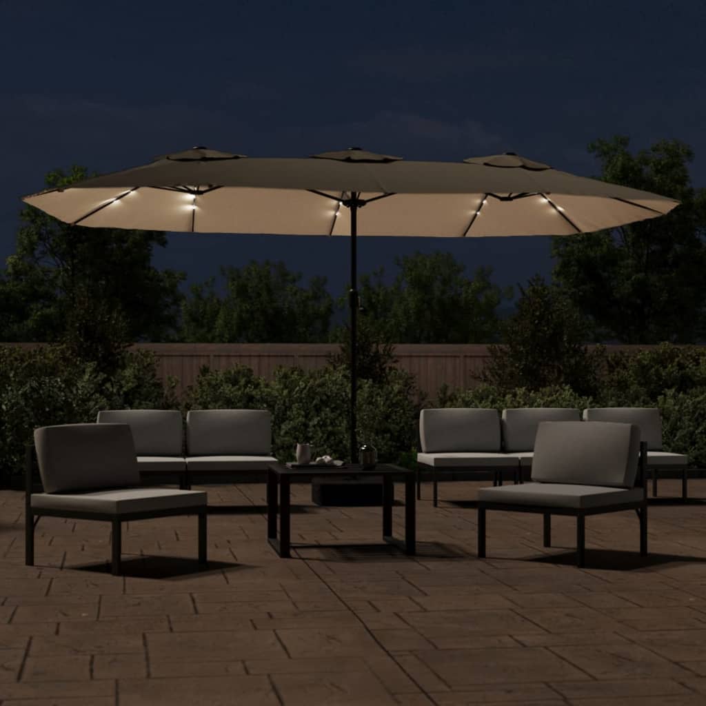 Vidaxx Sonnenschirm Doppeldach mit LED 449x245 cm Taupe
