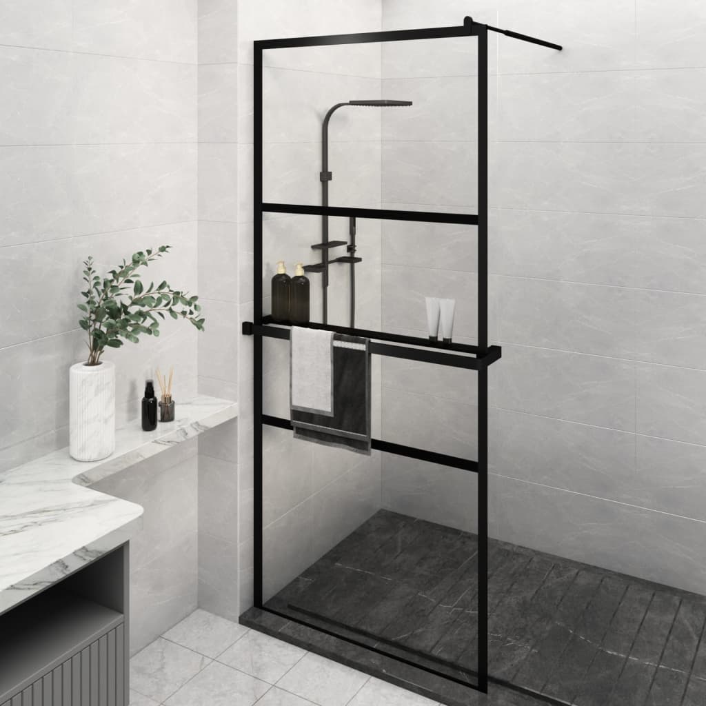 VidaXL Walk-in Duschabtrennung mit Ablage 100x195 cm ESG Glas Aluminium schwarz