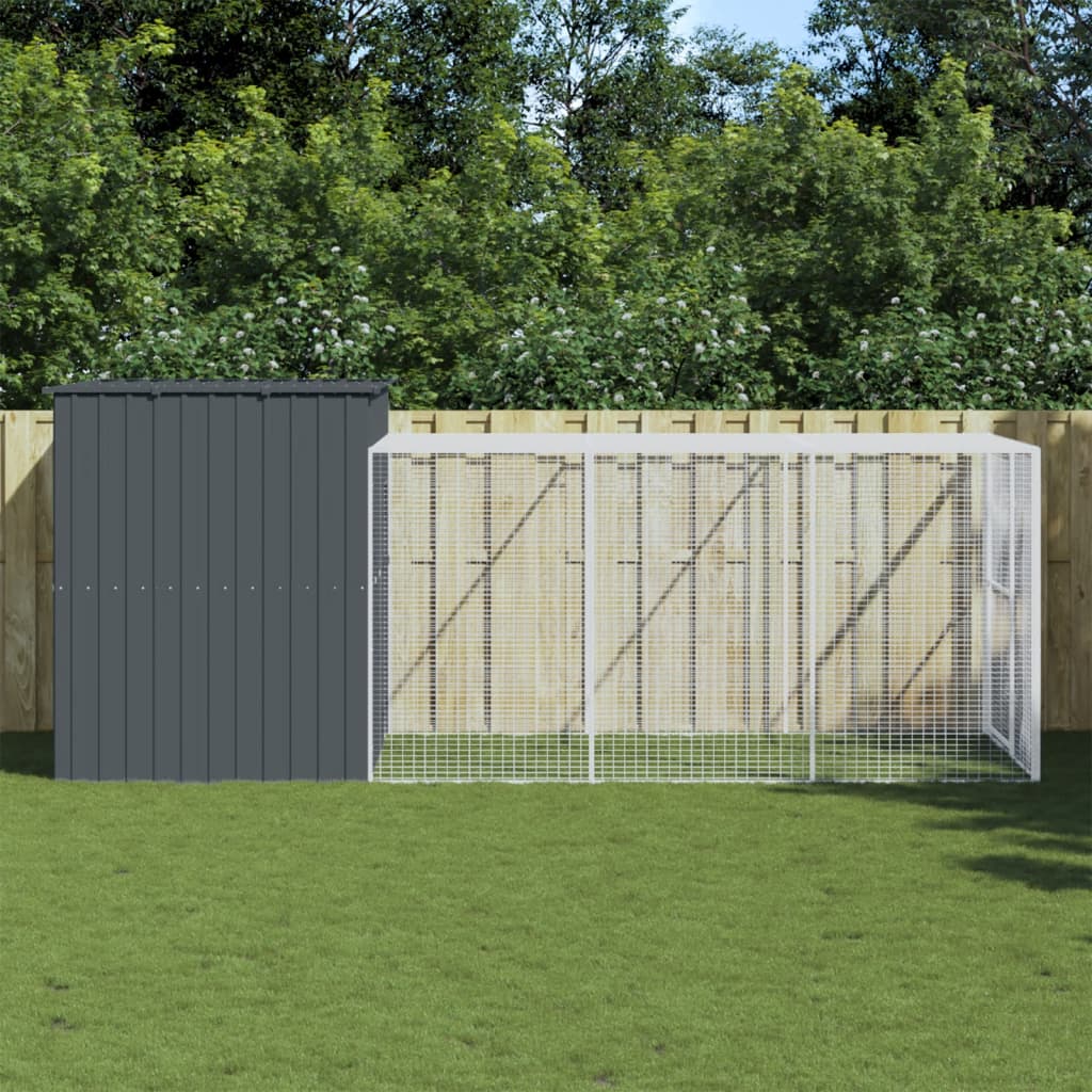 VidaXL Hundehütte mit Auslauf 214 x 457 x 181 cm, verzinkter Stahl, Anthrazit